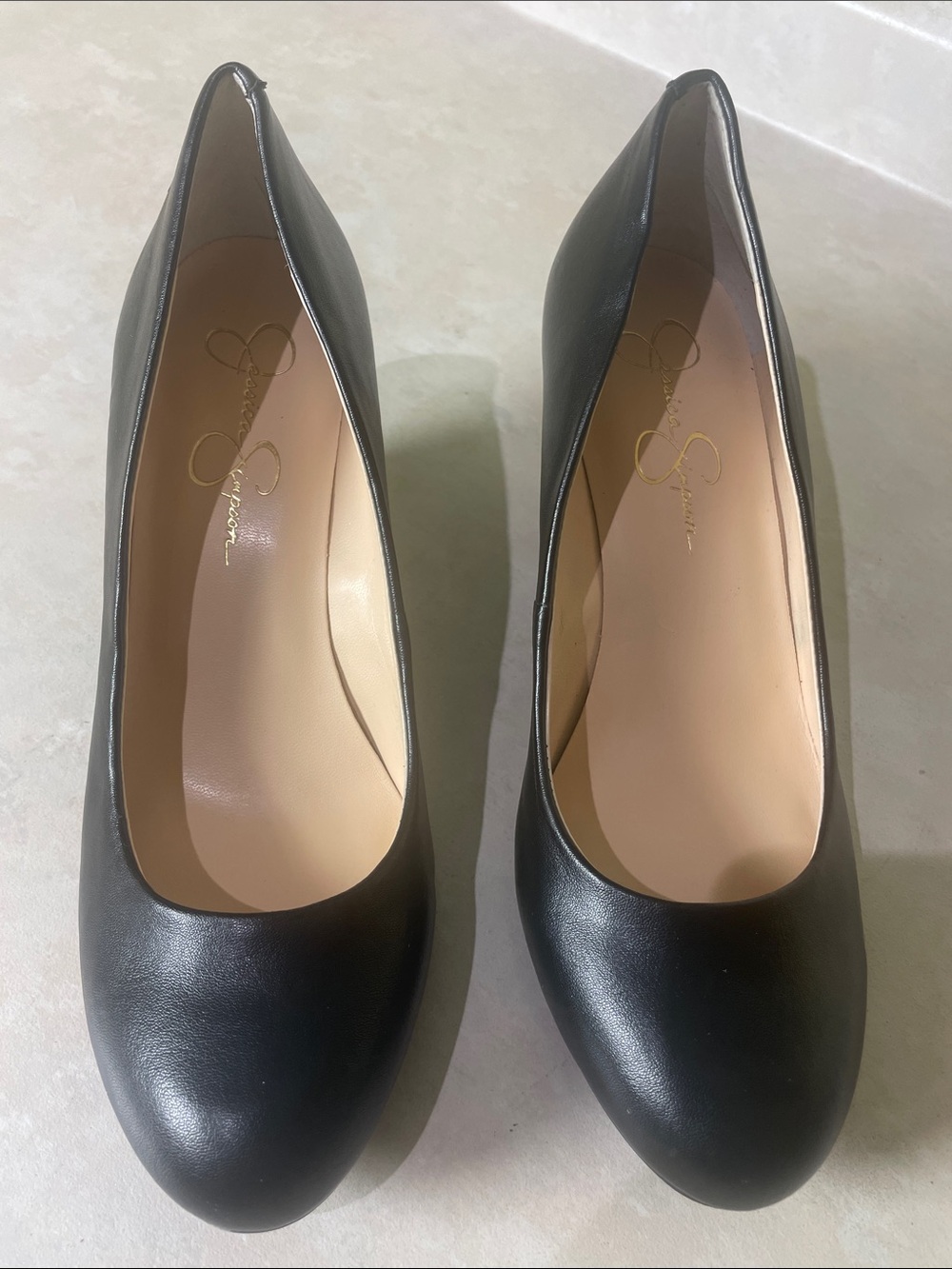 Jessica Simpson Classic Black Leather Rounded Toe Wedge Pumps Size 8.5M